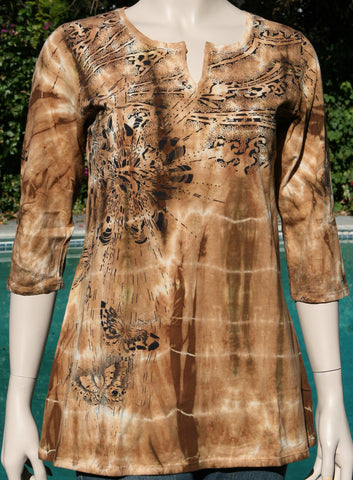 Abstract Butterfly Split V Tunic - Black/Brown