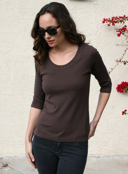 Solid Round-Neck Top - Coffee Brown