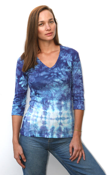 Crystal Tie Dye V neck - Cobalt
