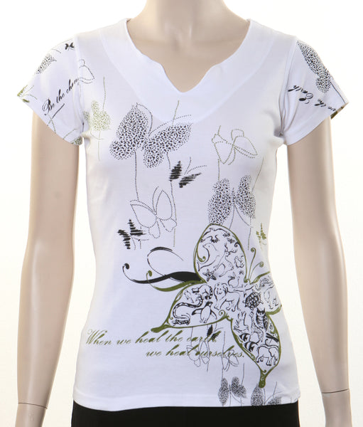 Butterfly Keyhole short sleeves top - White (Petite Sizing)