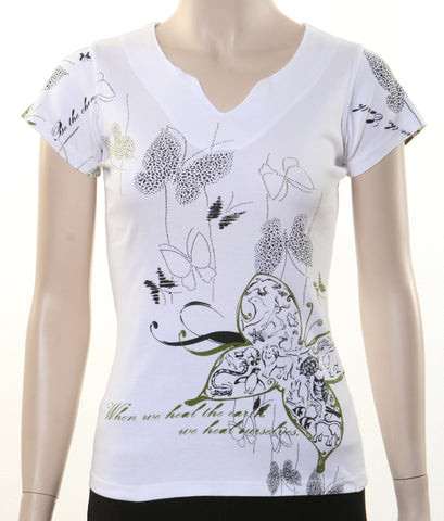 Butterfly Keyhole short sleeves top - White (Petite Sizing)
