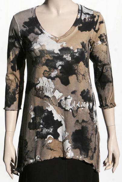 Camouflage Wash V neck Tunic - Black/Taupe