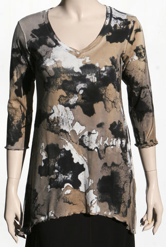Camouflage Wash V neck Tunic - Black/Taupe