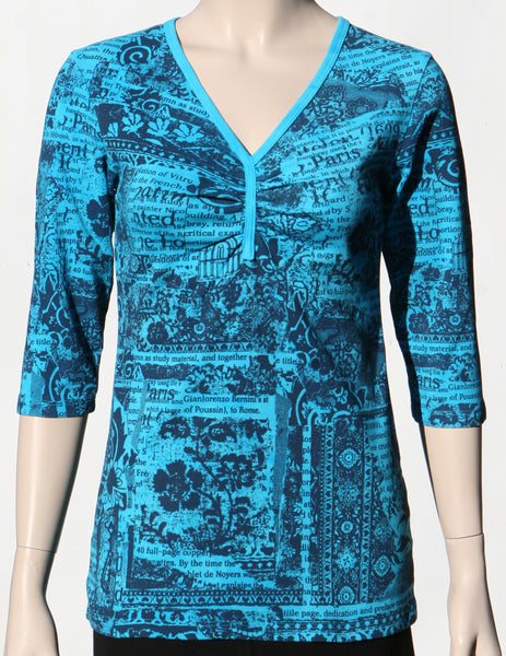Paris Flowers Pinched V neck - Navy/Turquoise
