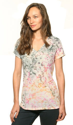 Striped Roses short sleeves V neck - Olive/Rose/Gold
