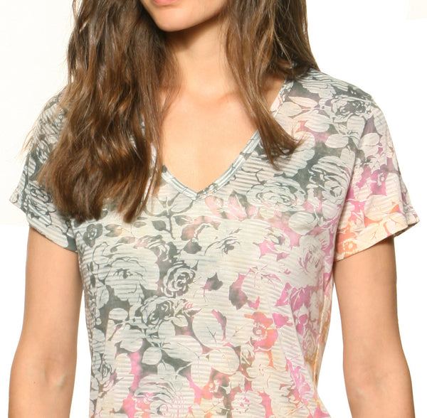 Striped Roses short sleeves V neck - Olive/Rose/Gold