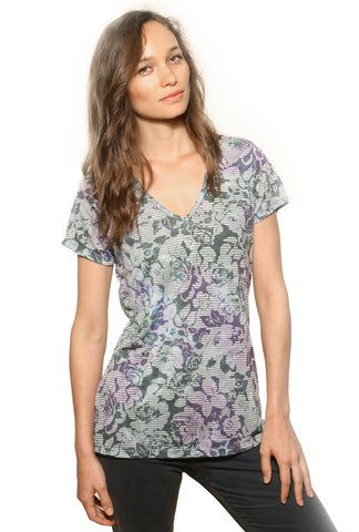 Striped Roses short sleeves V neck - Spruce/Purple