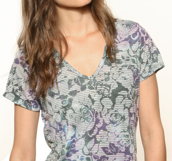 Striped Roses short sleeves V neck - Spruce/Purple