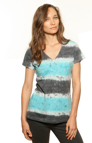 Stripes Tie-dye Short sleeves V neck - Lake combo