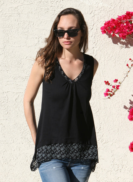 Floral Lace Solid sleeveless V neck Tunic - Black