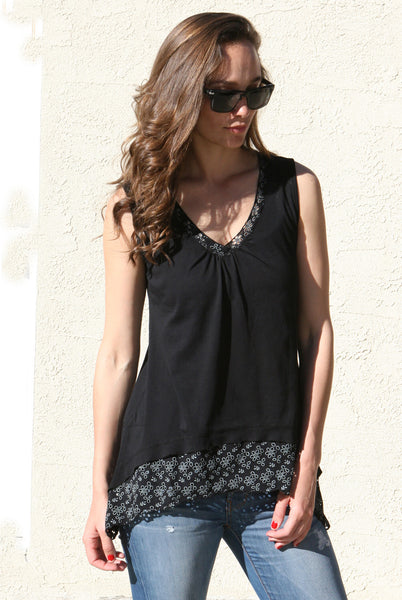 Floral Lace Solid sleeveless V neck Tunic - Black
