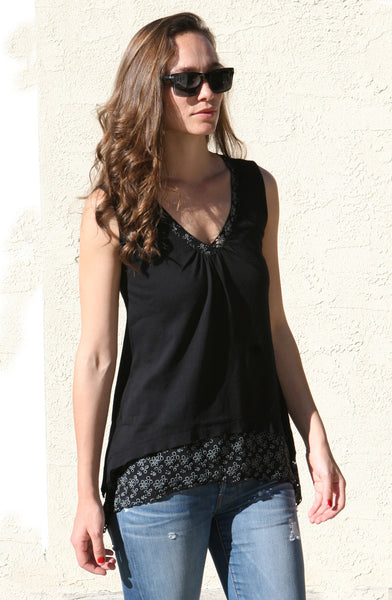 Floral Lace Solid sleeveless V neck Tunic - Black