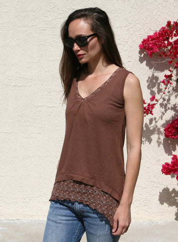 Floral Lace Solid sleeveless V neck Tunic - Coconut