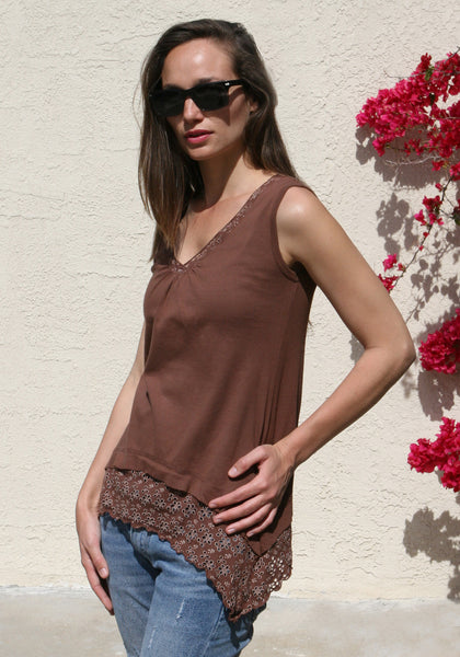 Floral Lace Solid sleeveless V neck Tunic - Coconut