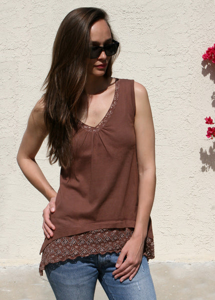 Floral Lace Solid sleeveless V neck Tunic - Coconut