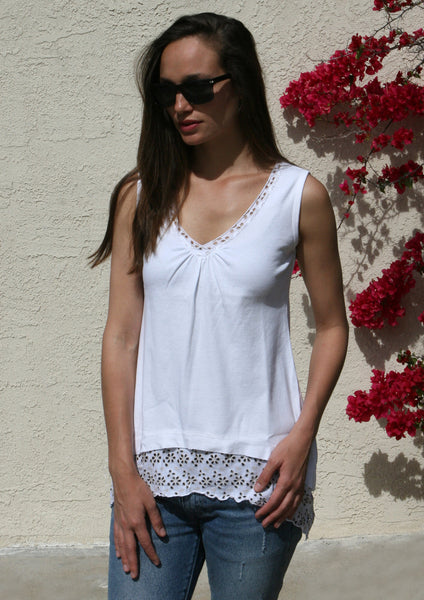 Solid sleeveless V neck Tunic - Floral Lace - White