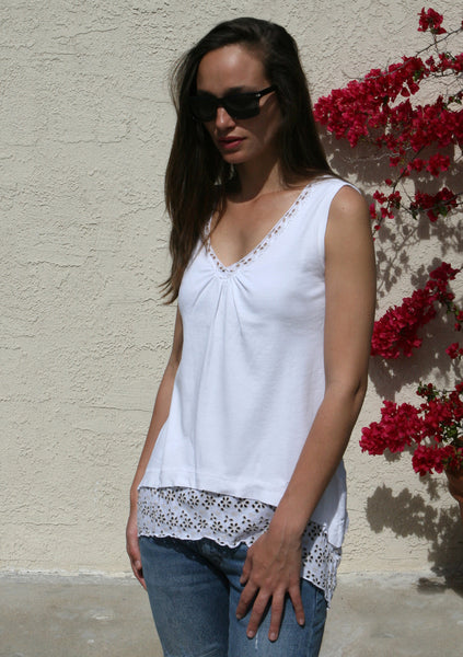 Solid sleeveless V neck Tunic - Floral Lace - White