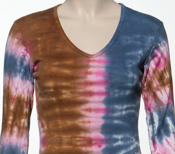 Ocean wash V neck - Navy/Brown/Fuchsia