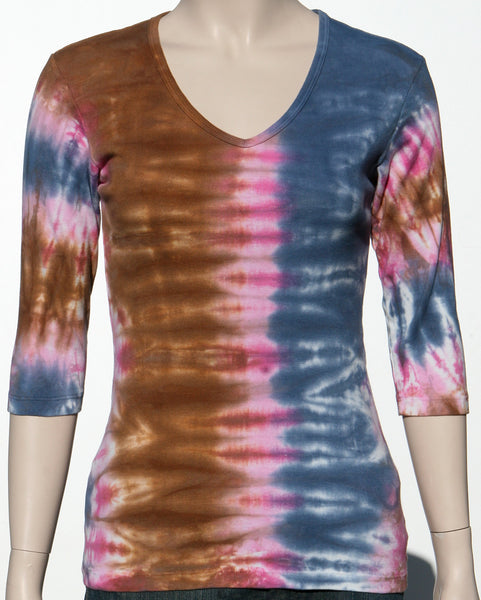 Ocean wash V neck - Navy/Brown/Fuchsia