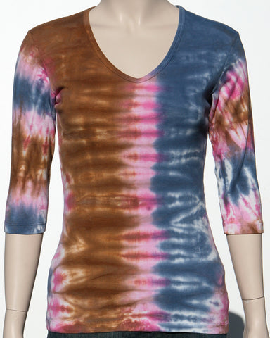Ocean wash V neck - Navy/Brown/Fuchsia
