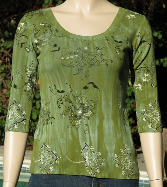 Hand Drawn Lotus Scoop neck - Olive (Petite Sizing)