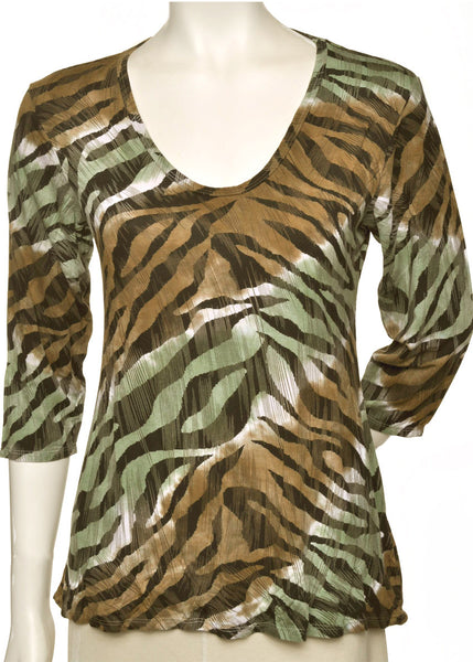 Oval neck Zebra print 3/4 sleeves top - Olive/Brown